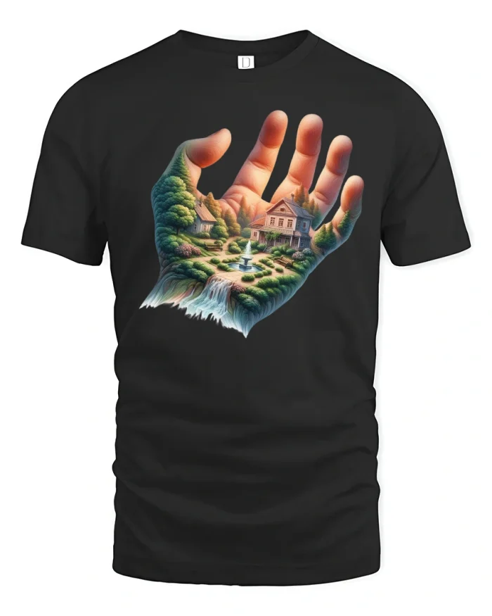 Surreal Hand Holding Nature Art Tee - black t-shirt on white background