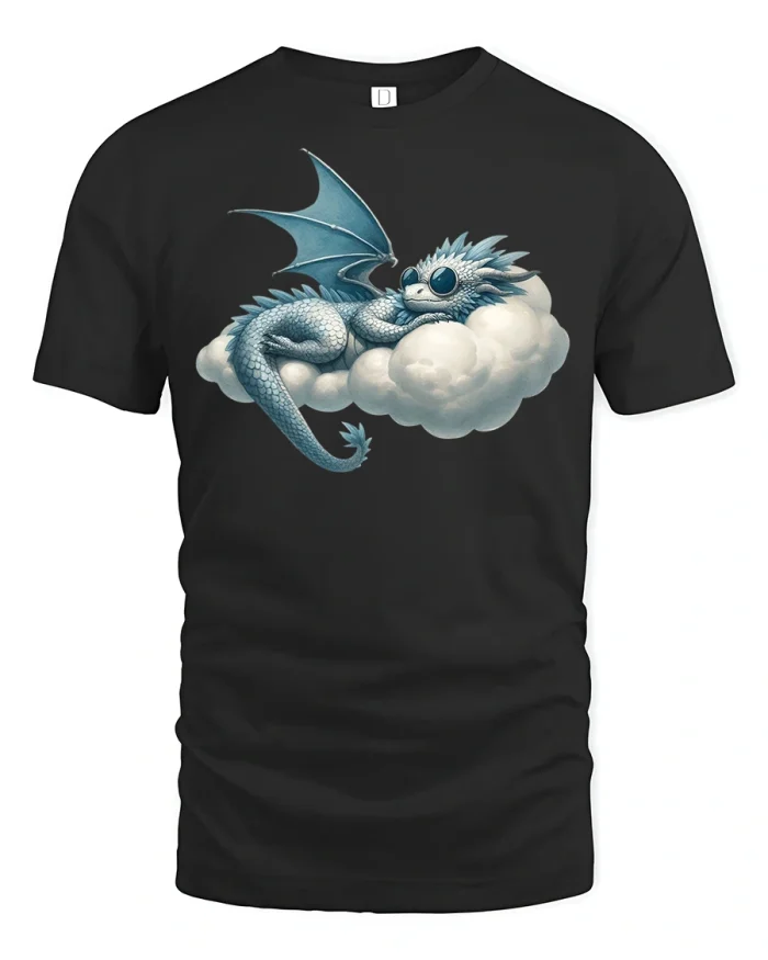 Cute Baby Dragon Sleeping on Cloud Tee - black t-shirt on white background
