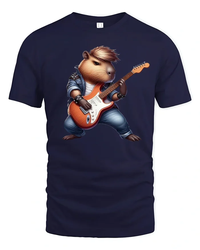Funny Capybara Rockstar Electric Guitar Tee - navy t-shirt on white background