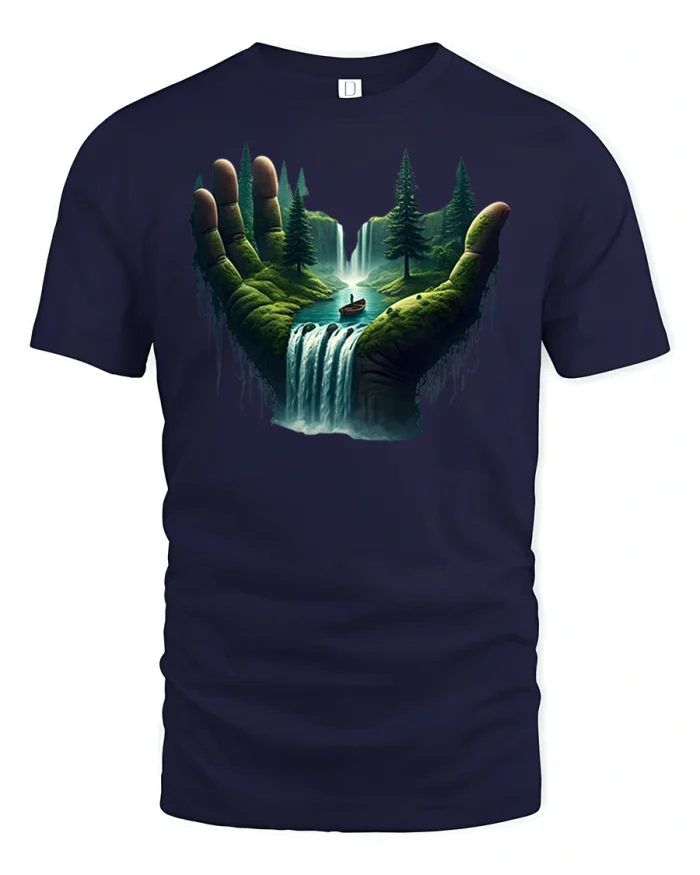 Surreal Hand Holding Waterfall Tee - navy t-shirt on white background