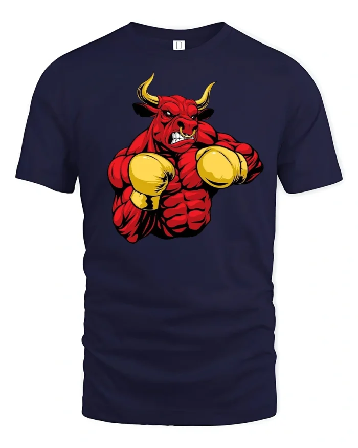 Boxing Bull Strong Fighter Red Tee - navy t-shirt on white background