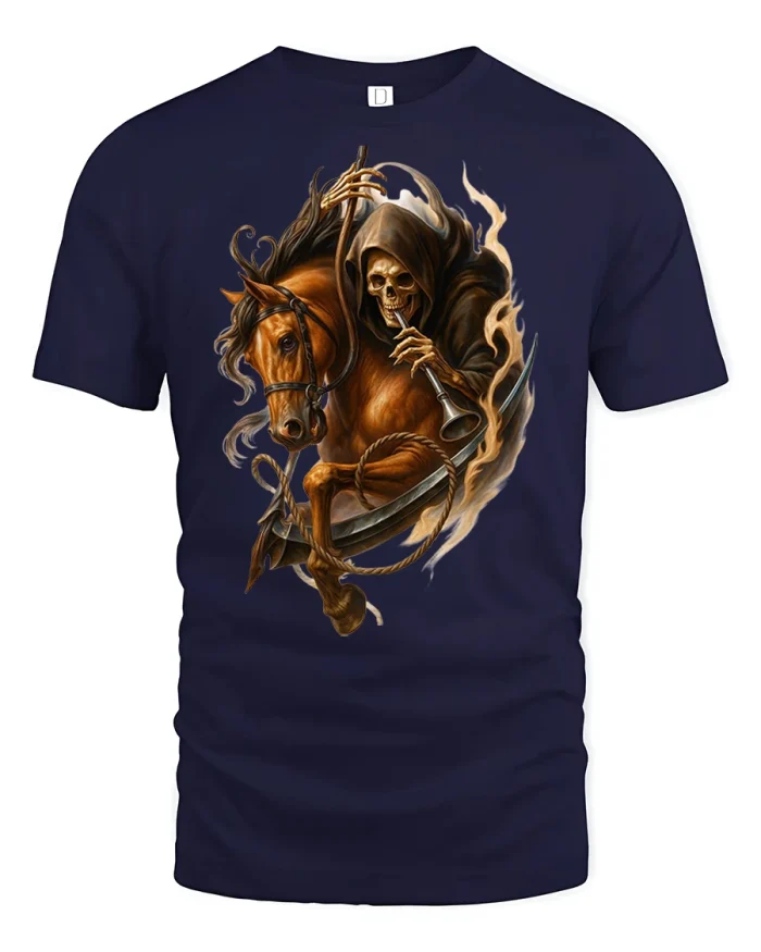 Grim Reaper Horse Rider Dark Fantasy Tee - navy t-shirt on white background
