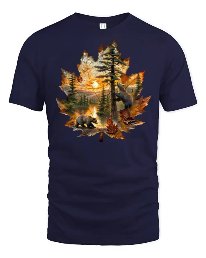 Autumn Forest Bears in Maple Leaf Tee - navy t-shirt on white background