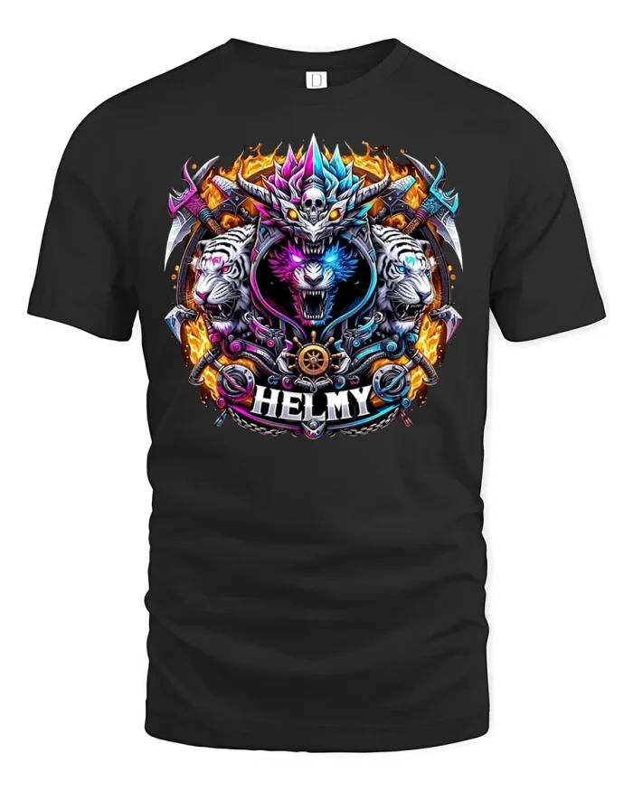 Fierce Tiger Skull Warrior Flames T-Shirt - black t-shirt on white background