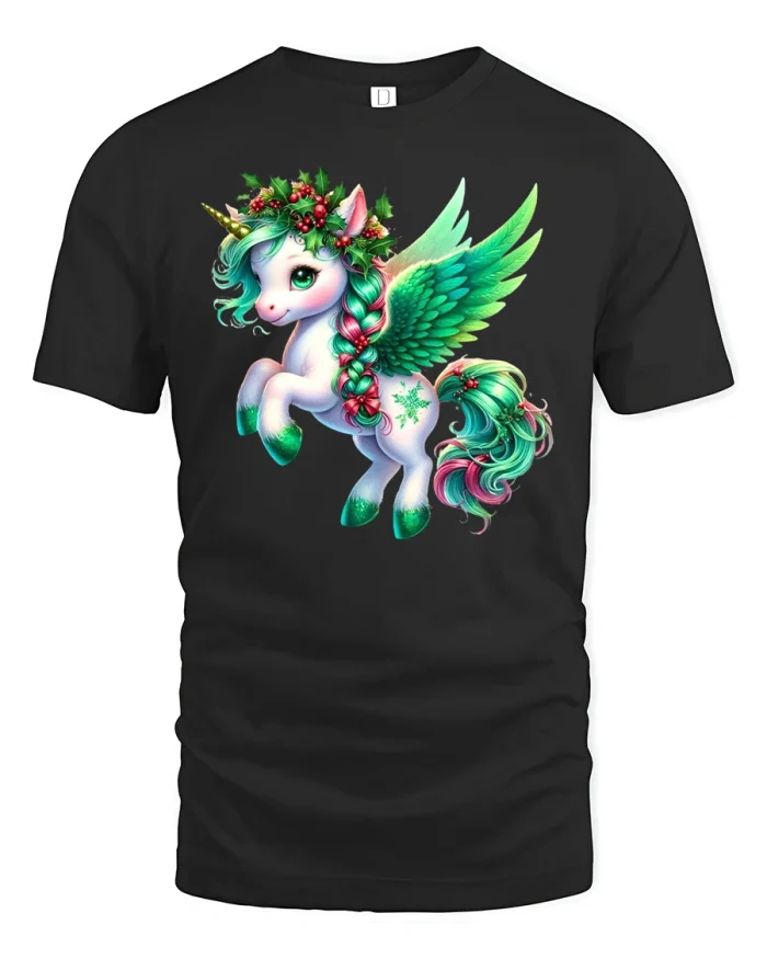 Magical Unicorn Christmas Wings T-Shirt - black t-shirt on white background