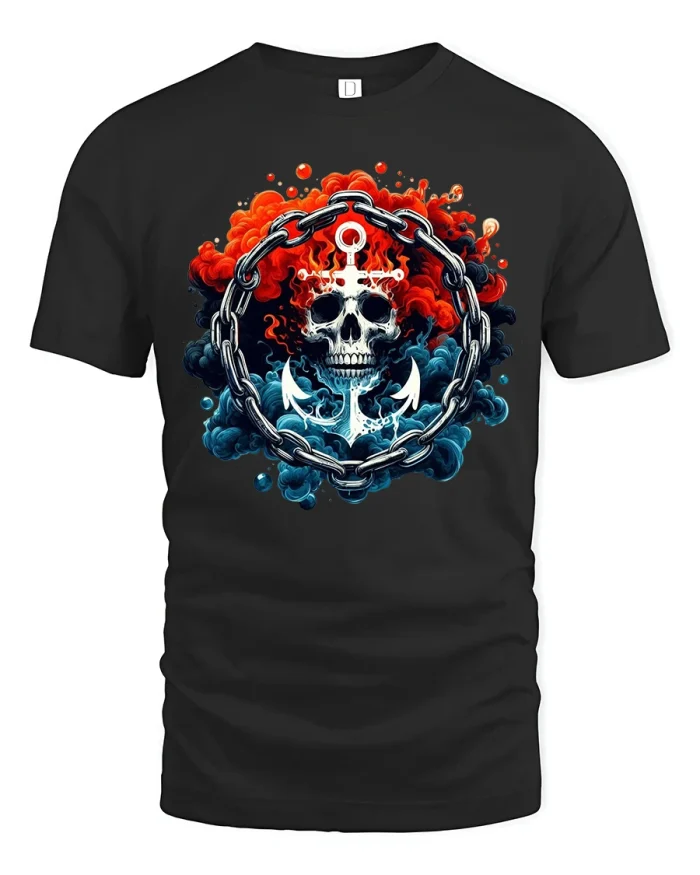 Skull Anchor Chain Flame T-Shirt - black t-shirt on white background