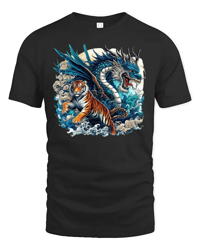 Dragon and Tiger Battle Artwork T-Shirt - black t-shirt on white background