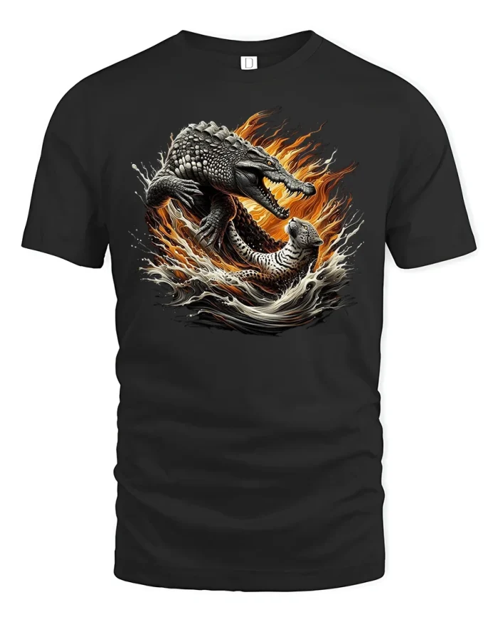 Crocodile vs Leopard Wild Battle T-Shirt - black t-shirt on white background