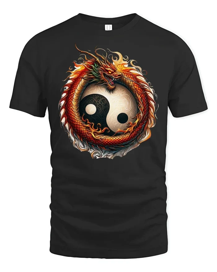Fiery Dragon Yin Yang Balance T-Shirt - black t-shirt on white background