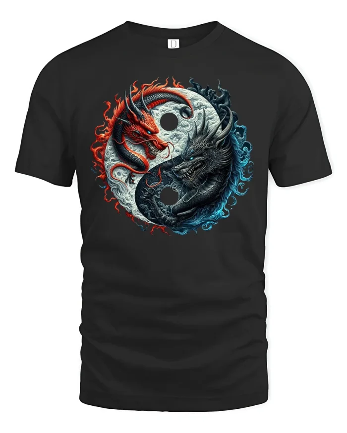 Yin Yang Dragon Balance Red Blue T-Shirt - black t-shirt on white background