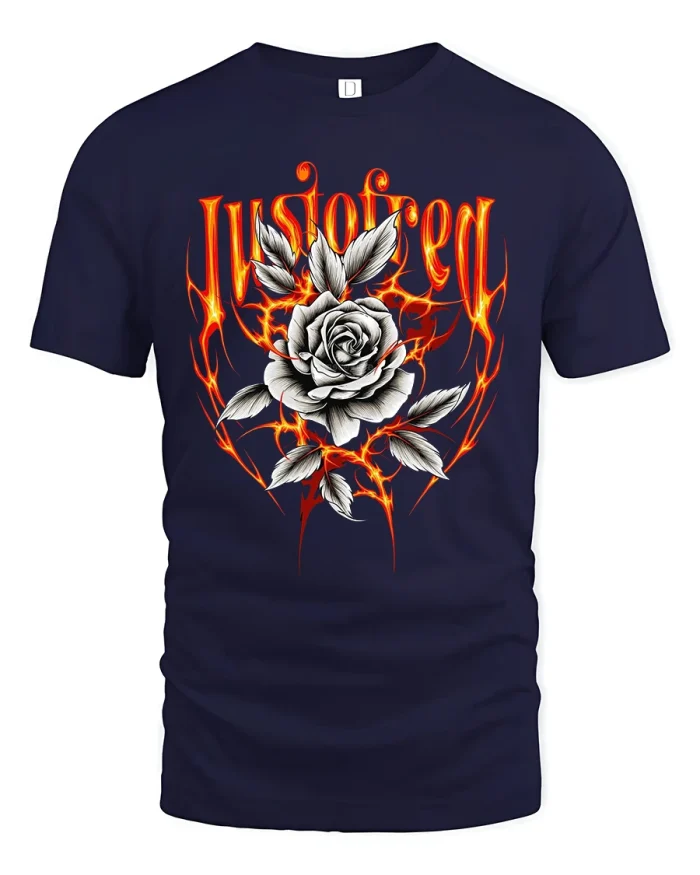 Justified Flaming Rose Bold Gothic T-Shirt - navy t-shirt on white background