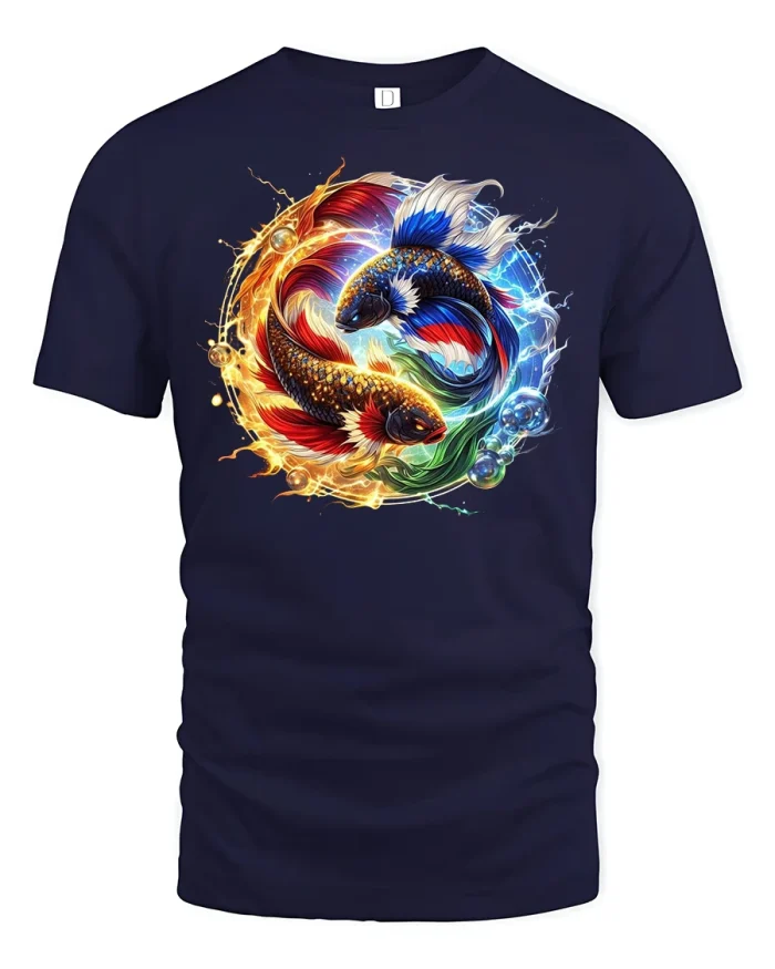 Fiery Water Koi Fish Yin Yang Graphic T-Shirt - navy t-shirt on white background