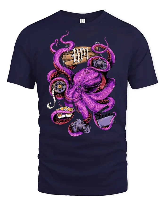 Movie Octopus Popcorn Camera T-Shirt - navy t-shirt on white background