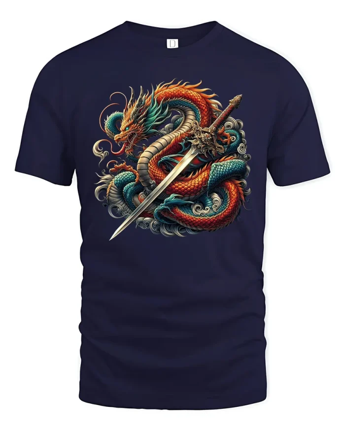 Dragon and Sword Warrior Power T-Shirt - navy t-shirt on white background