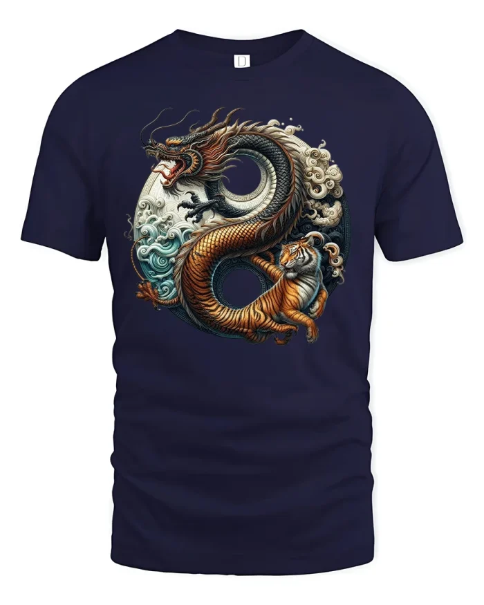 Dragon and Tiger Yin Yang  Artwork T-Shirt - navy t-shirt on white background