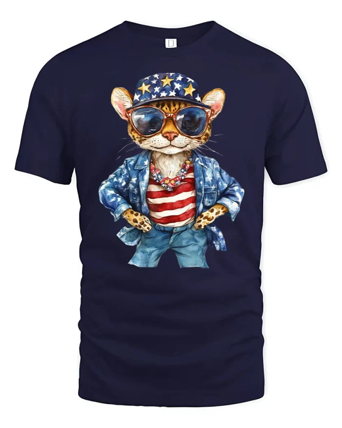 Patriotic Cool Cat USA Flag Style T-Shirt - navy t-shirt on white background