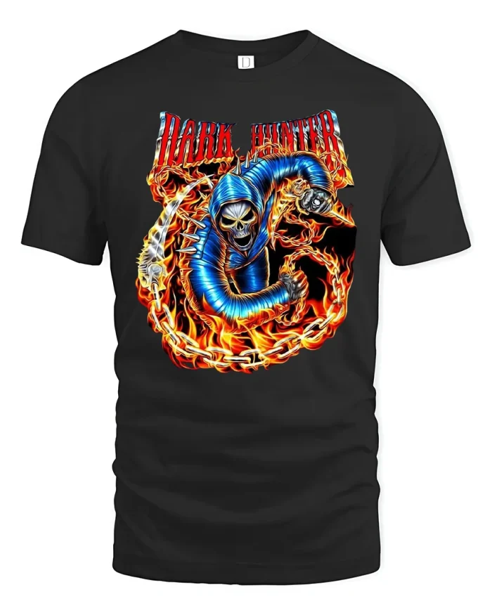 Dark Hunter Skull Flames T-Shirt - black t-shirt on white background
