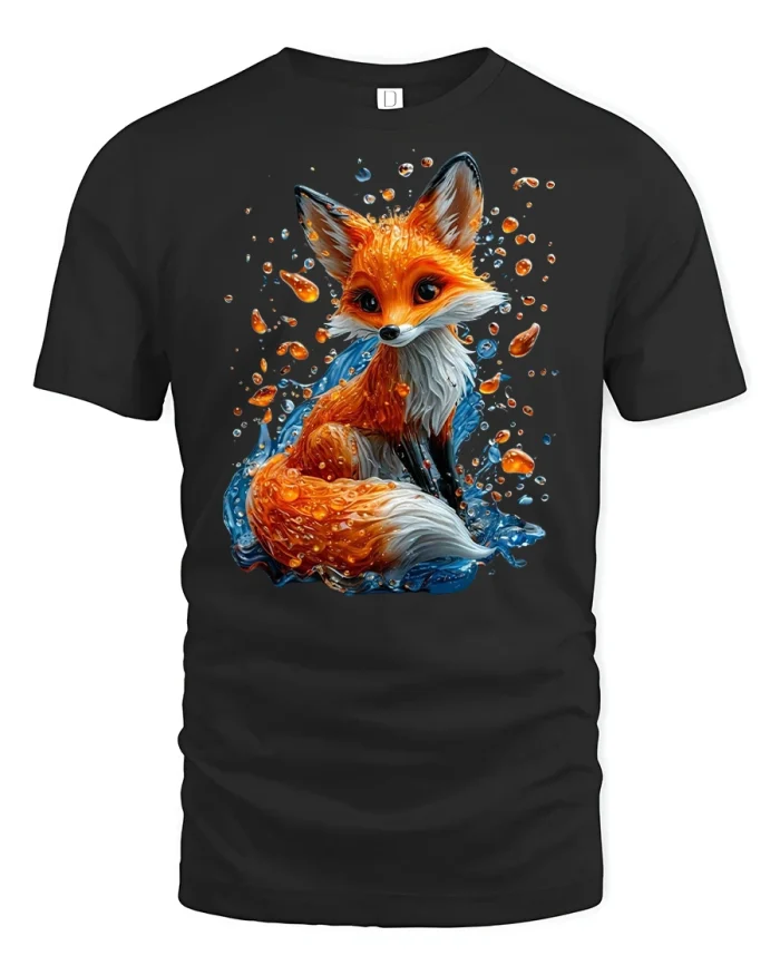 Water Splash Fox Art T-Shirt - black t-shirt on white background