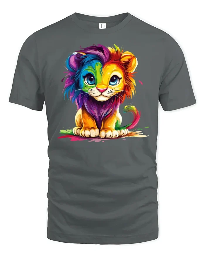 Rainbow Lion Cub Graphic T-Shirt - gray t-shirt on white background