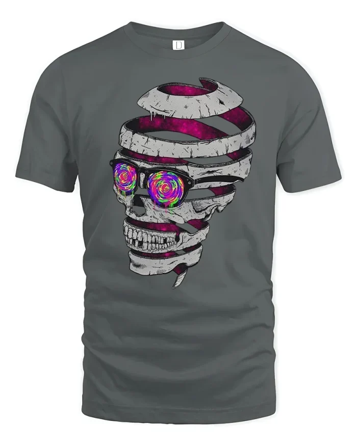 Psychedelic Spiral Skull T-Shirt - gray t-shirt on white background