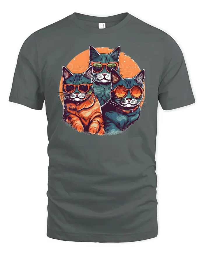 Retro Cool Cats T-Shirt - gray t-shirt on white background