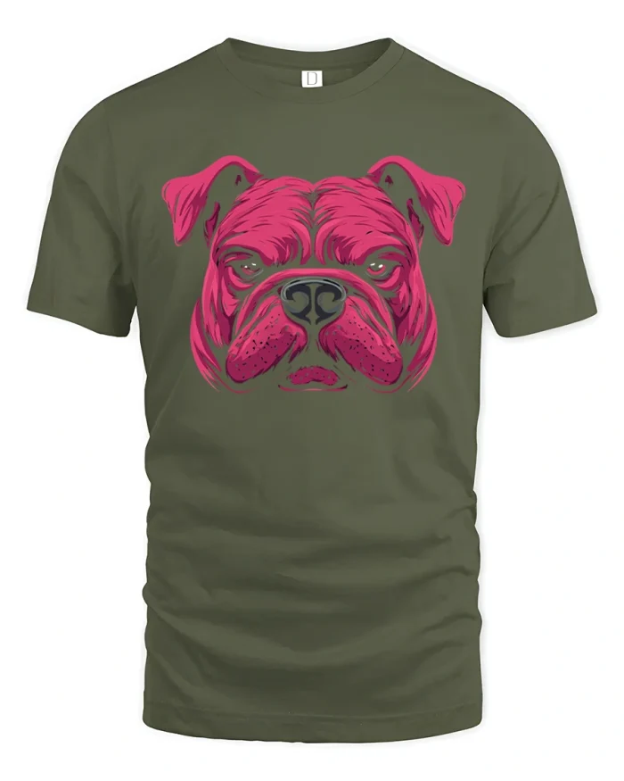 Angry Bulldog Face T-Shirt - military green t-shirt on white background