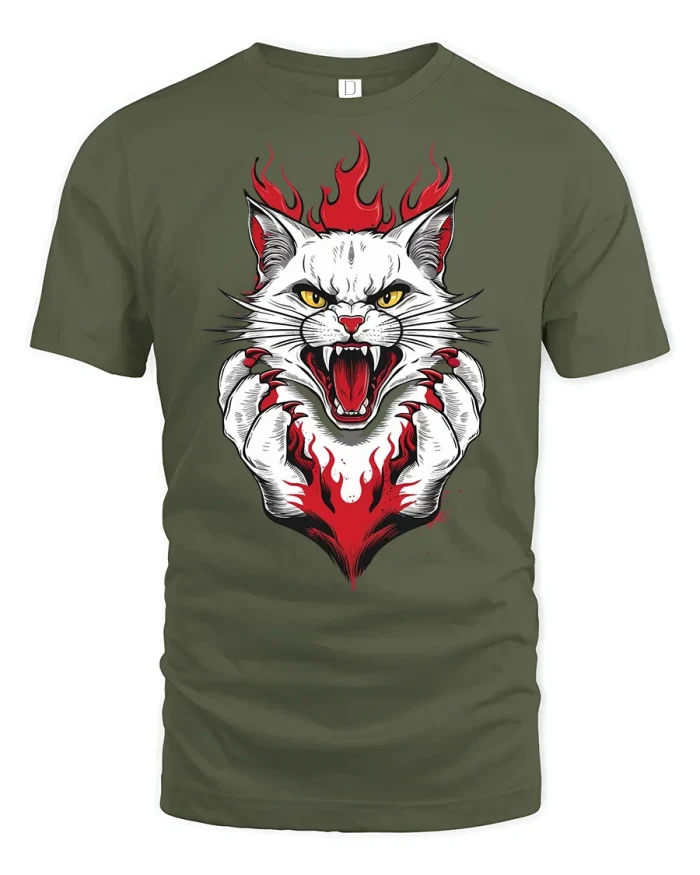 Angry Flame Cat T-Shirt - military green t-shirt on white background