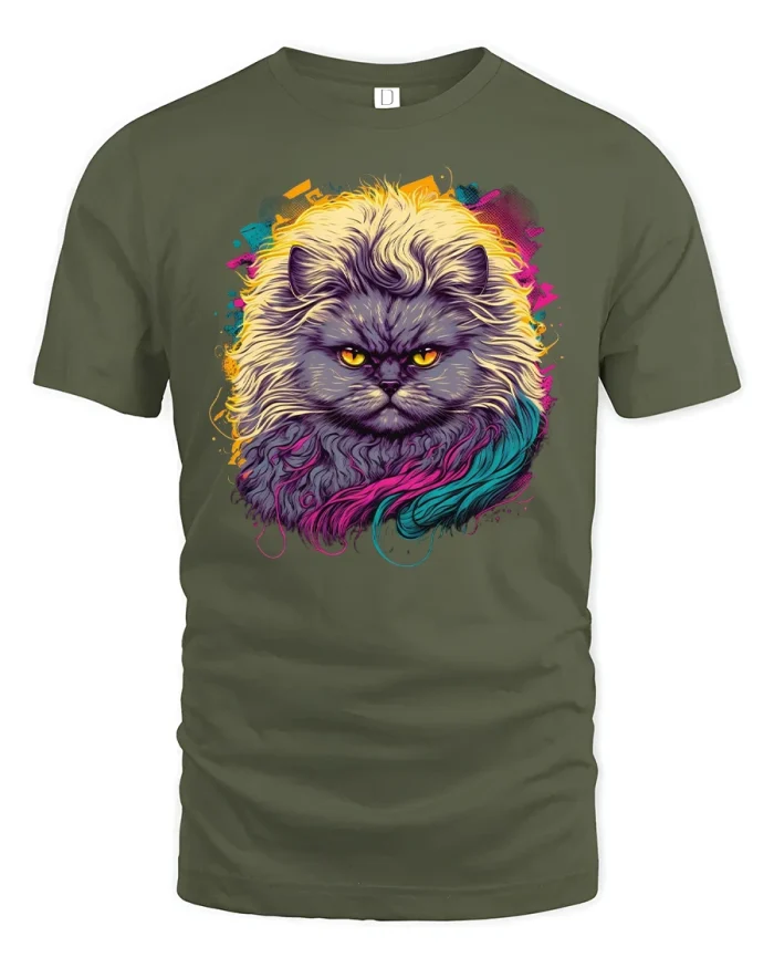 Colorful Grumpy Cat T-Shirt - military green t-shirt on white background