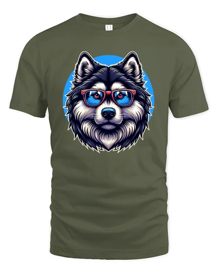 Cool Husky With Glasses T-Shirt - military green t-shirt on white background