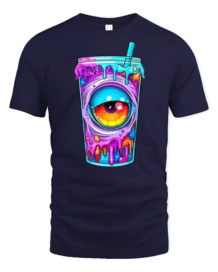Trippy Eyeball Drink Graphic Tee - navy t-shirt on white background