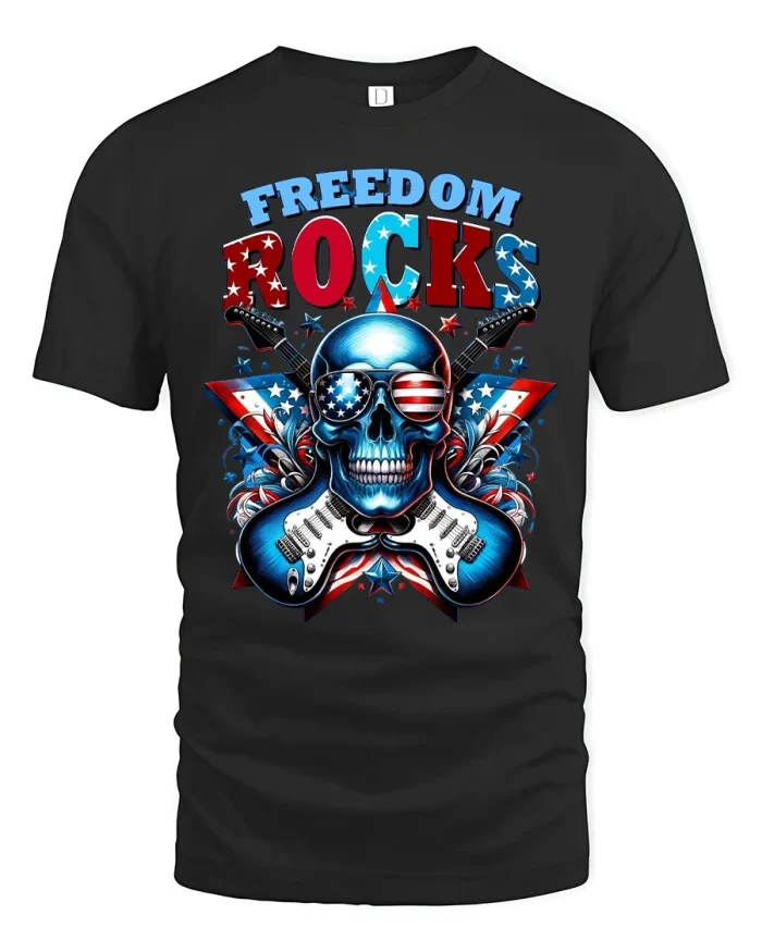 Freedom Rocks Skull Guitar T-Shirt - black t-shirt on white background