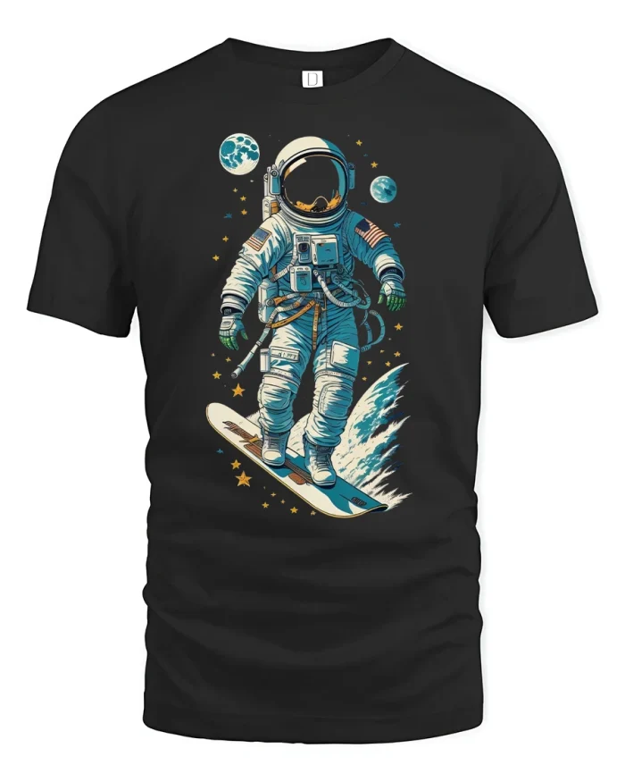 Astronaut Surfing Space T-Shirt - black t-shirt on white background