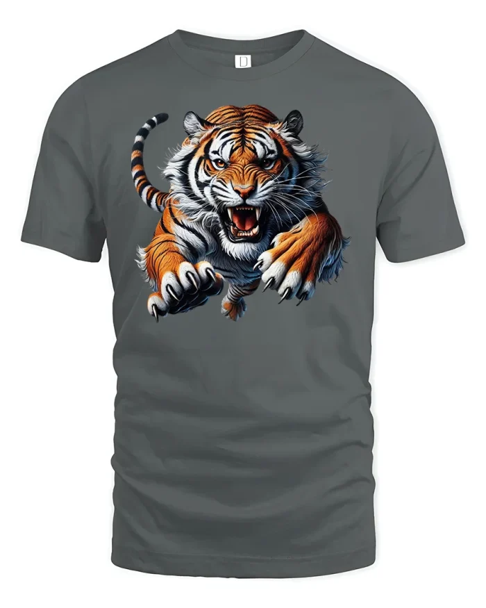 Ferocious Tiger Attack T-Shirt - gray t-shirt on white background