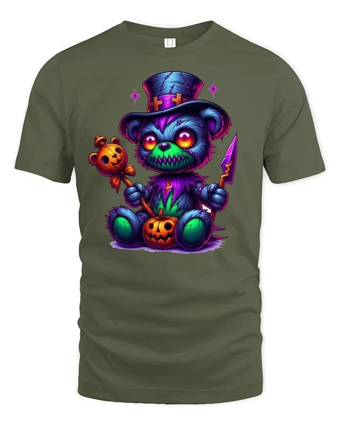 Creepy Teddy Bear Halloween T-Shirt - military green t-shirt on white background