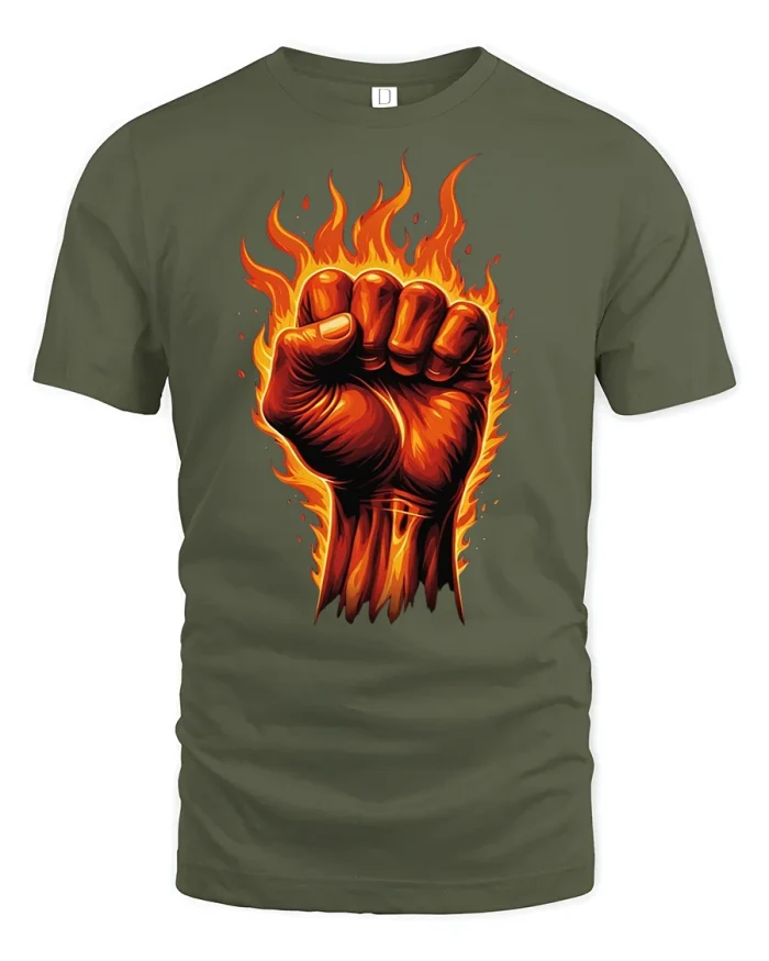 Flaming Fist Power Tee - military green t-shirt on white background