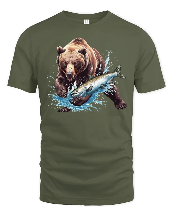Wild Bear Fishing Tee - military green t-shirt on white background