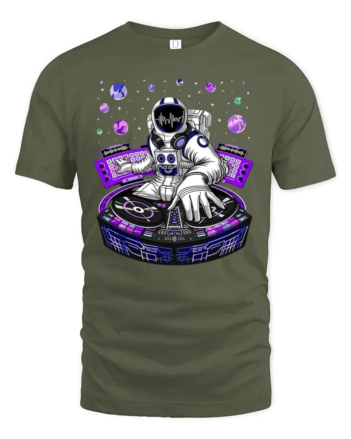 Astronaut DJ Graphic Tee - military green t-shirt on white background