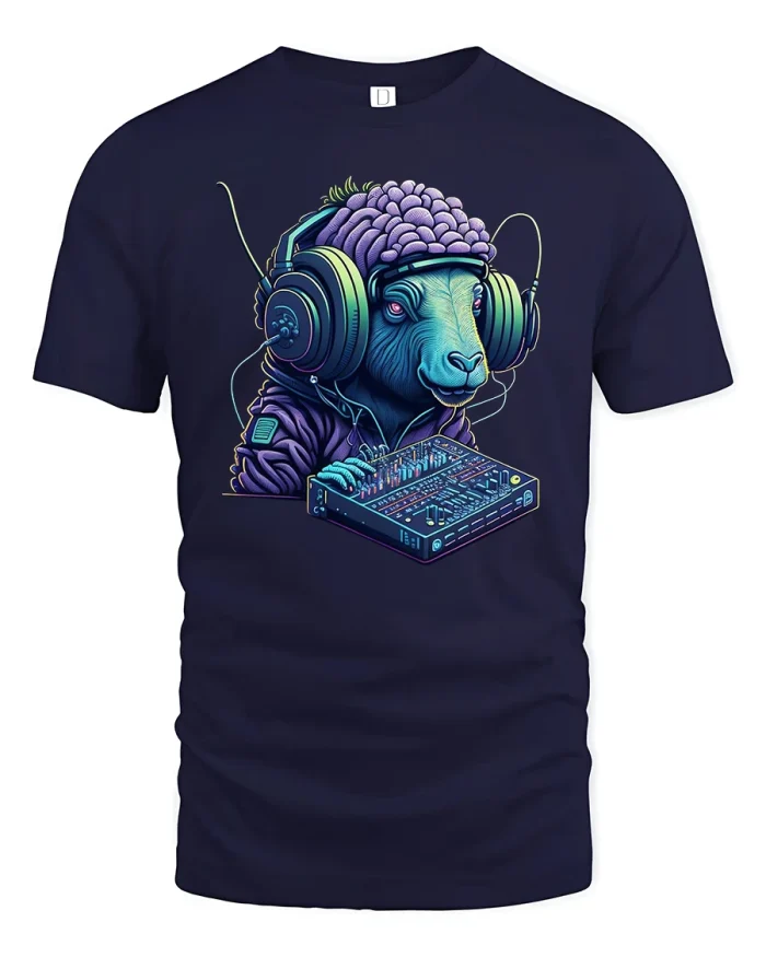 Funny DJ Sheep Tee - navy t-shirt on white background