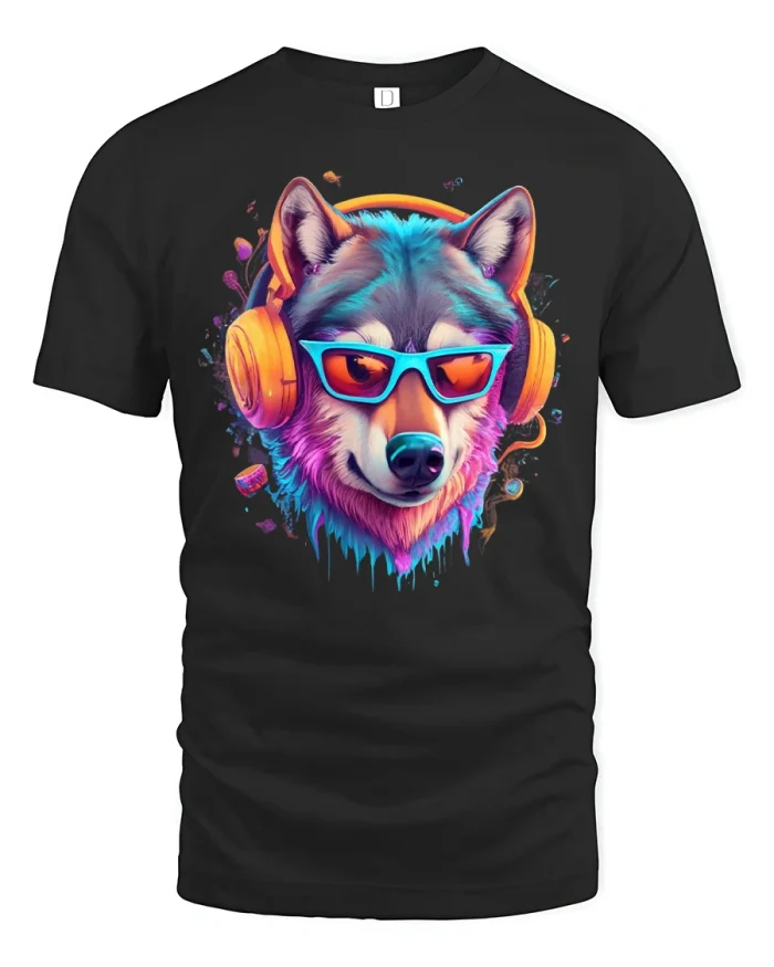 Neon Wolf DJ Tee - black t-shirt on white background