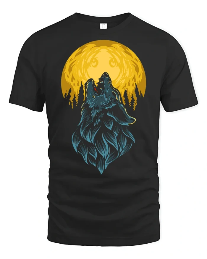 Wolf Howling at Full Moon Tee - black t-shirt on white background