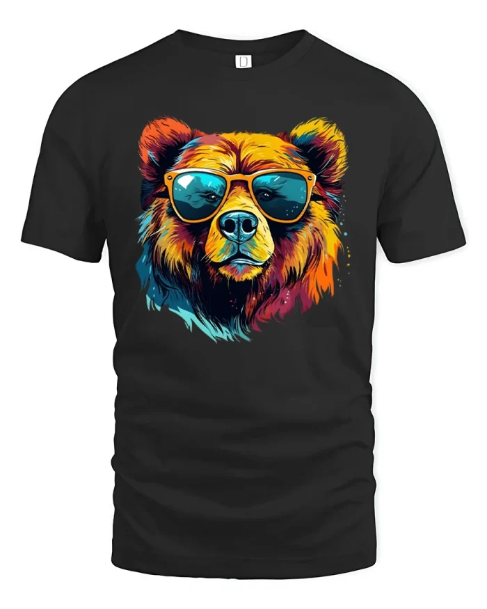 Retro Bear Sunglasses Tee - black t-shirt on white background