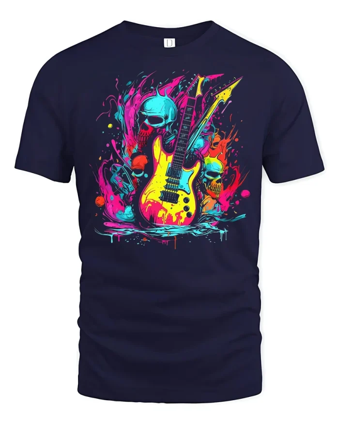 Skull Flames Electric Guitar T-Shirt - navy t-shirt on white background