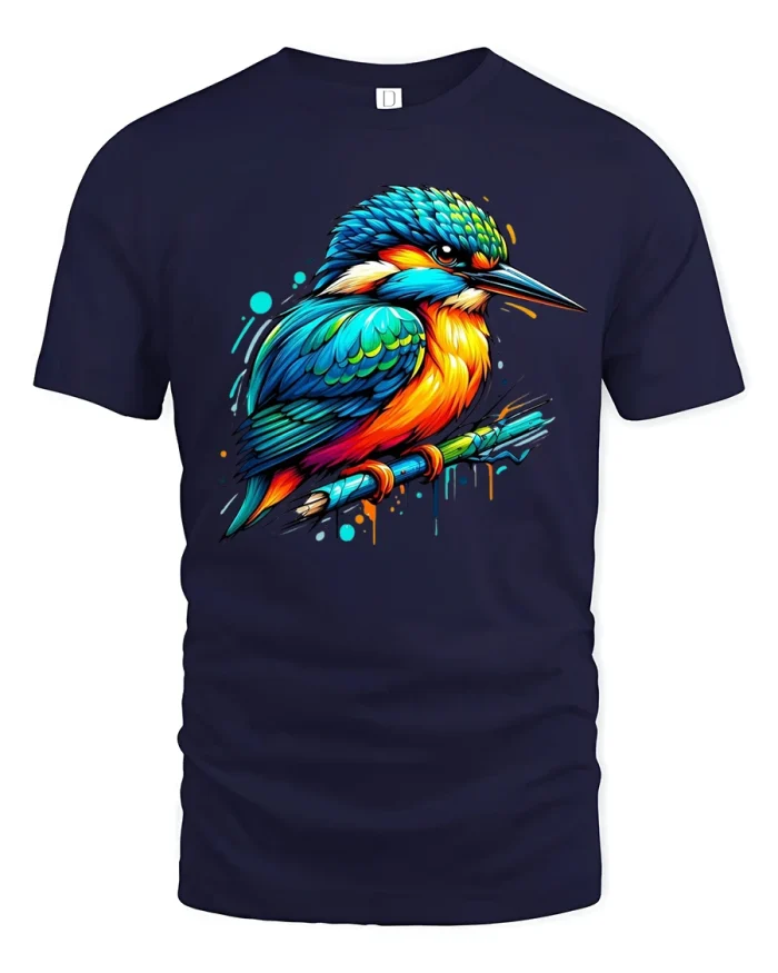 Vibrant Kingfisher Bird Graphic Tee - navy t-shirt on white background