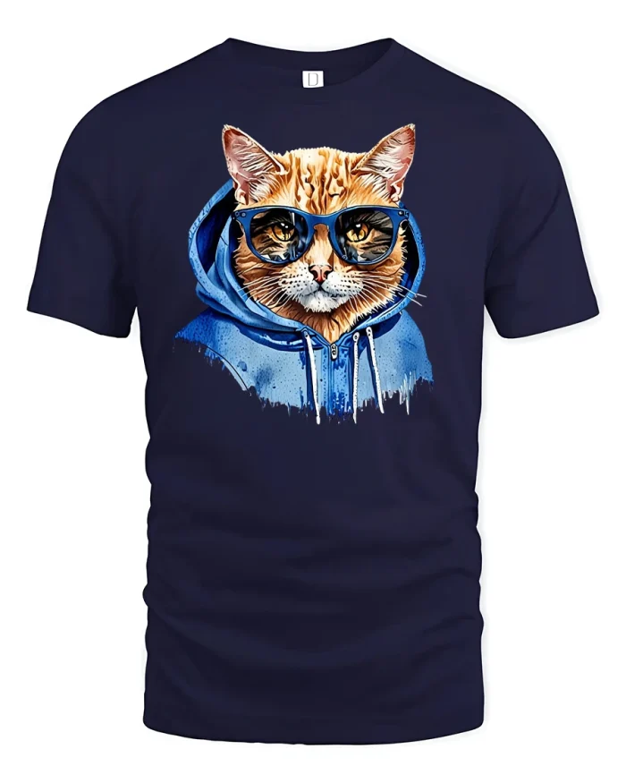 Street Style Hoodie Cat Tee - navy t-shirt on white background
