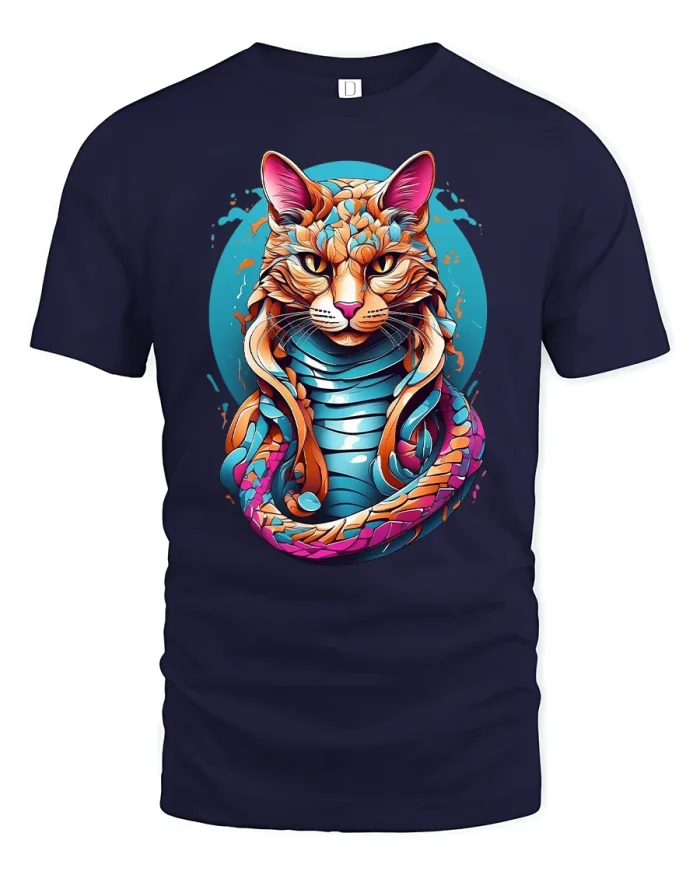 Cyber Warrior Cat Tee - navy t-shirt on white background