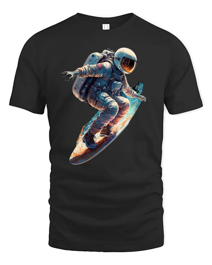 Astronaut Surfing Space Adventure T-Shirt - black t-shirt on white background
