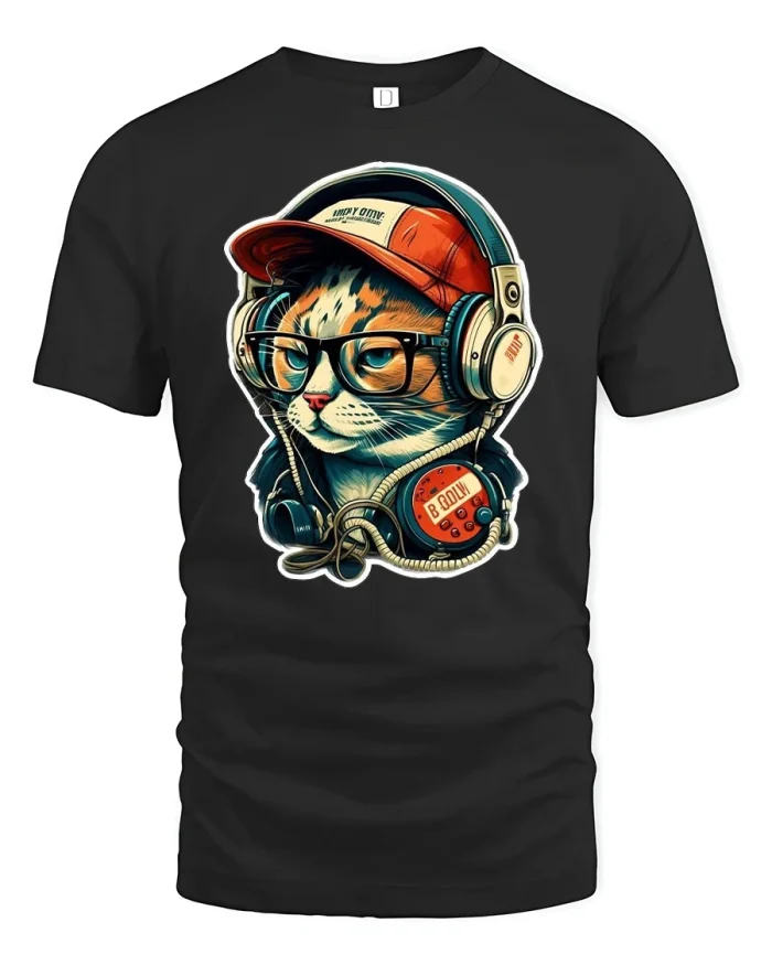 DJ Cat Music Lover Tee - black t-shirt on white background