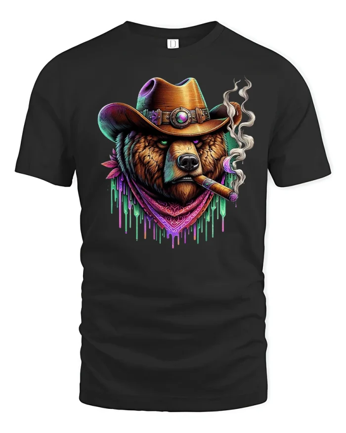 Cowboy Bear Cigar Tee - black t-shirt on white background