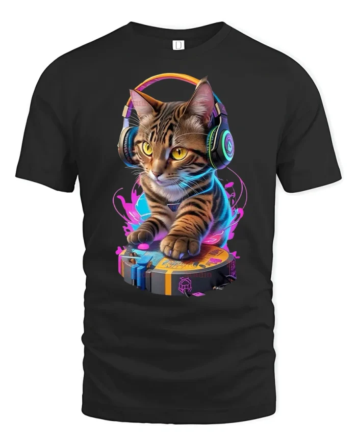 DJ Cat Neon Beats Tee - black t-shirt on white background