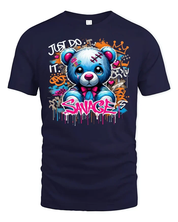 Savage Graffiti Bear Streetwear T-Shirt - navy t-shirt on white background